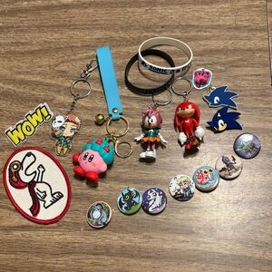 Fandom Lot Sonic, Snoopy, Kirby, Knuckles Pins Keychains, Patches and Bracelets